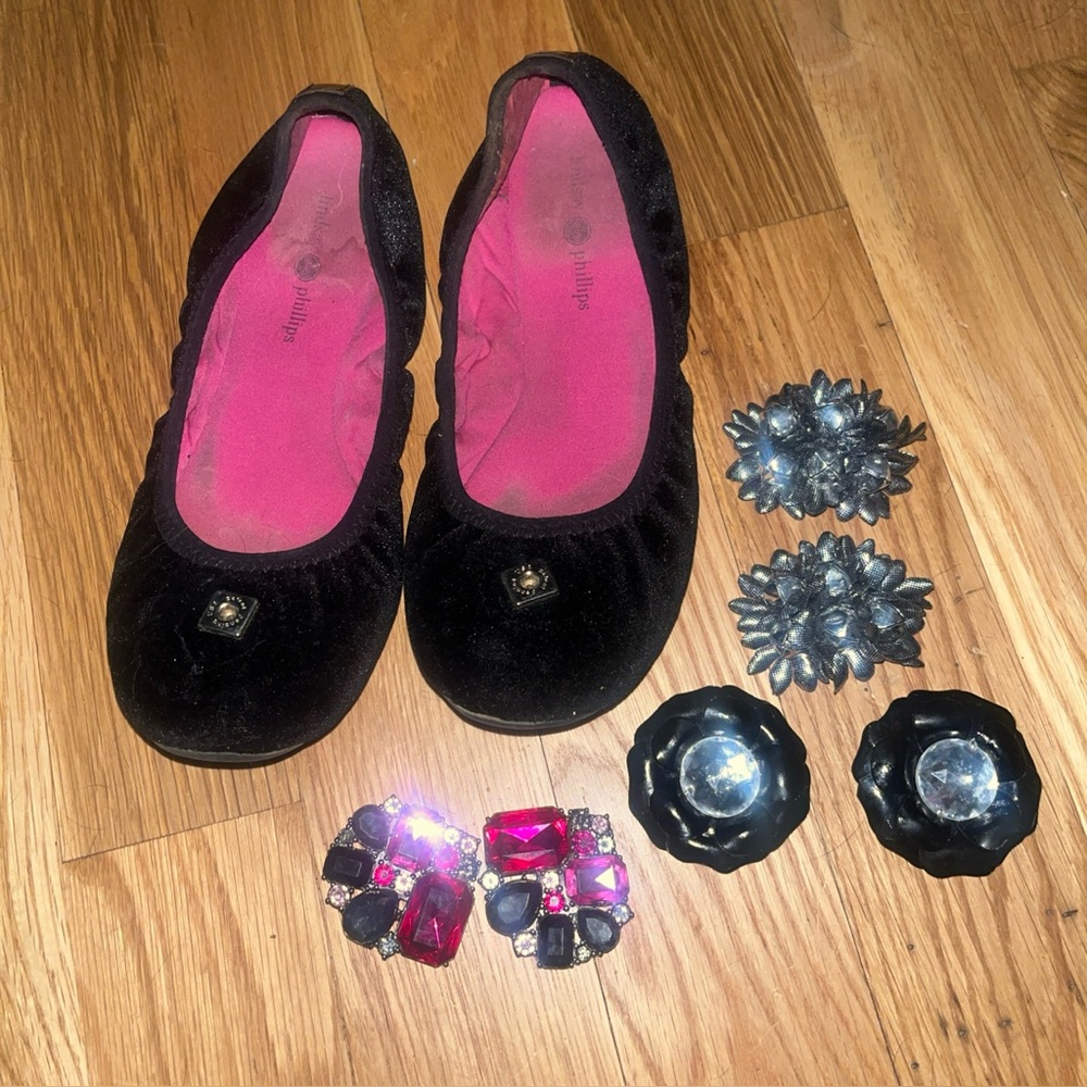Lindsey Phillips Black Velvet Ballet Flats with Pink Interior and snap on charms